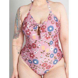 ModCloth x Princess Highway Retro Pink Floral Tie-Front One-Piece Swimsuit Size